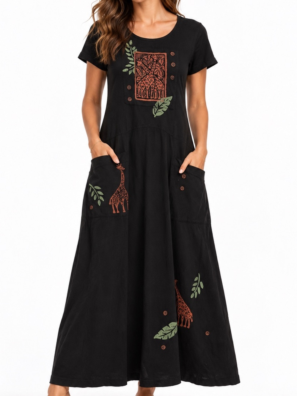 Viva City Black Giraffe Safari Art To Wear Cotton Maxi Dress USA Vintage
